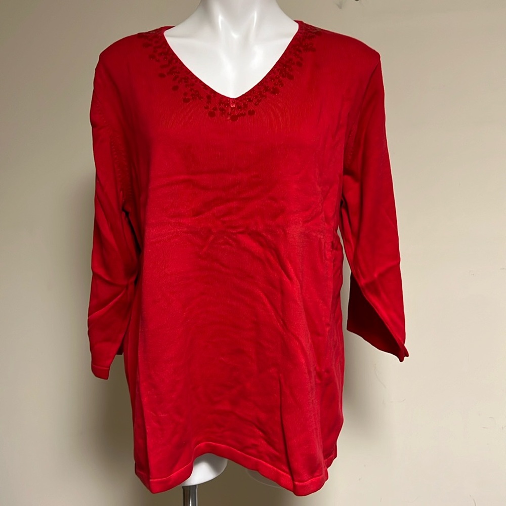 Vintage Quacker Factory red sweater sequin V-neck 3/4 sleeve XL NWT QVC